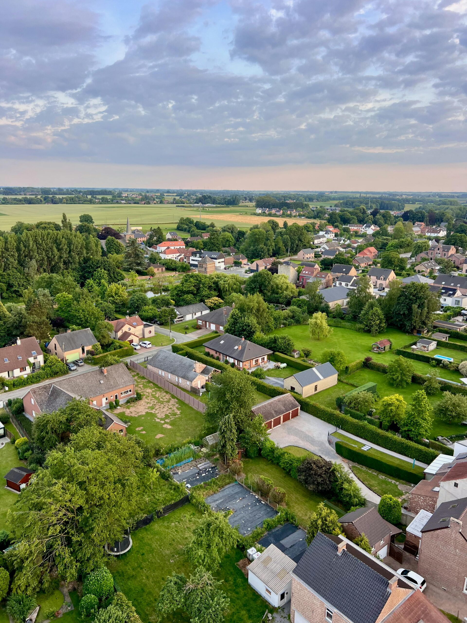 An aerial view of a suburban neighborhood with greenery and houses at dusk.